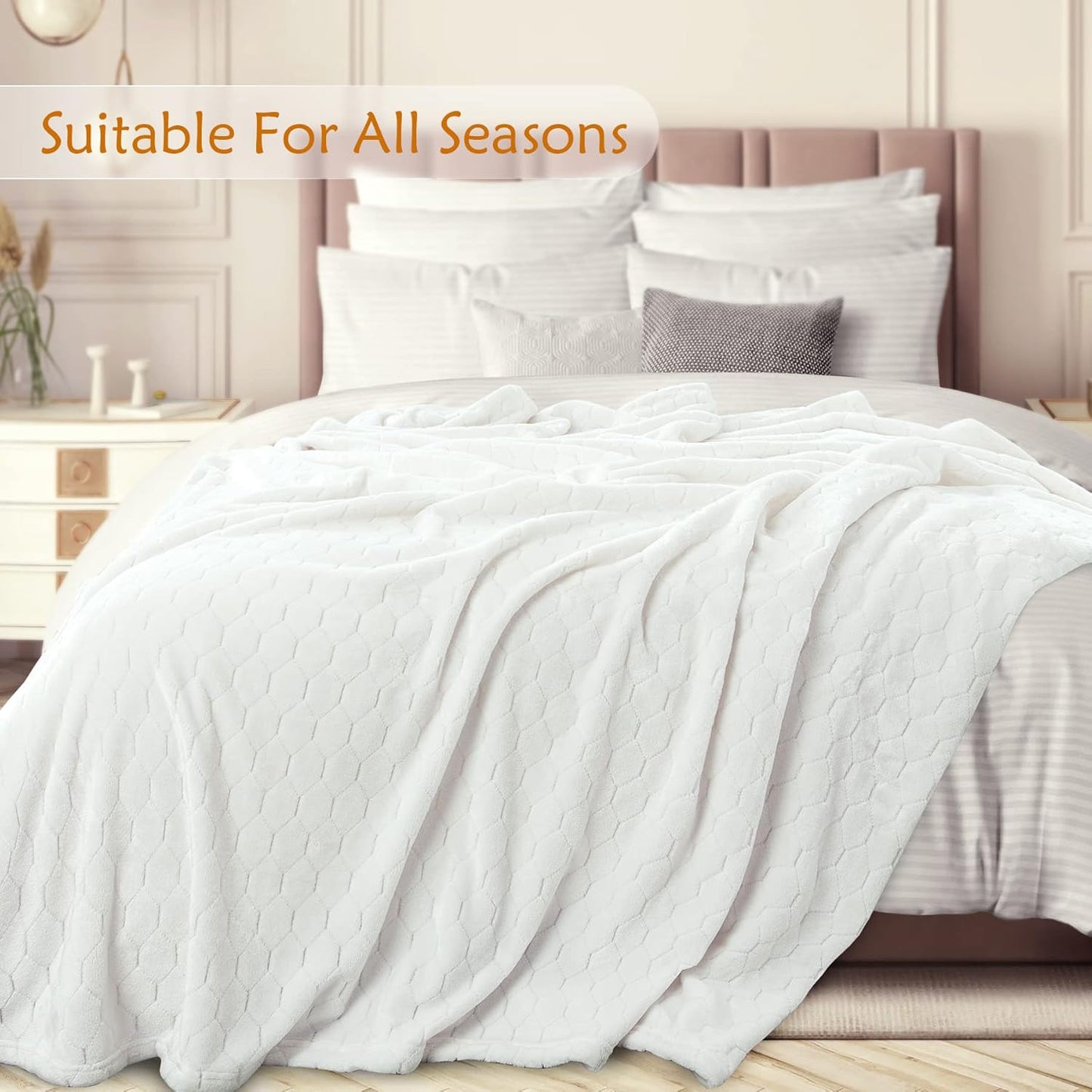 Cream White Fleece Blanket Twin Size 60" x 80" Soft Plush Throw for Bed & Couch