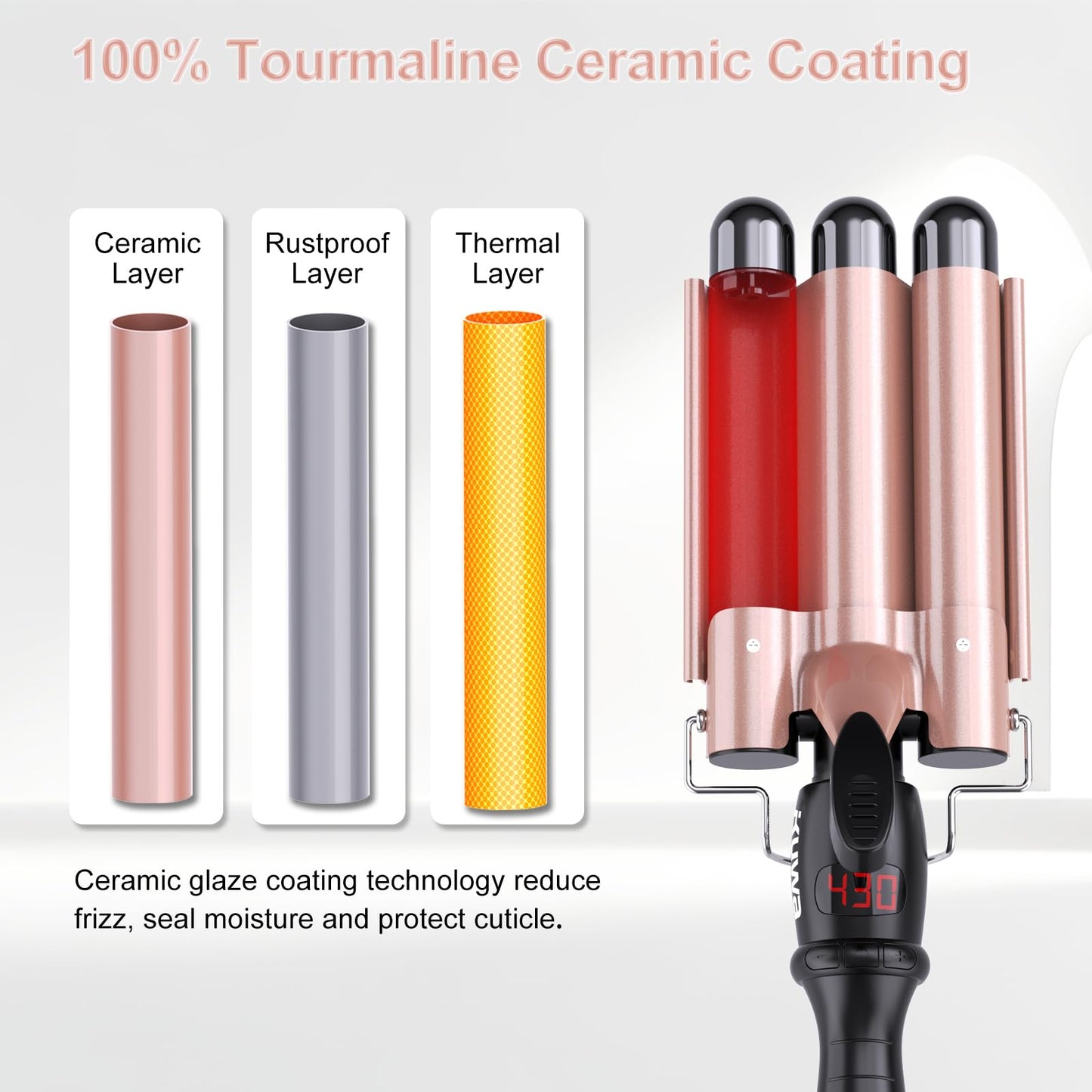 3 Barrel Curling Iron Hair Waver and Crimper with LCD Display - Adjustable Temperature 180°F to 430°F for Long Lasting Beach Waves