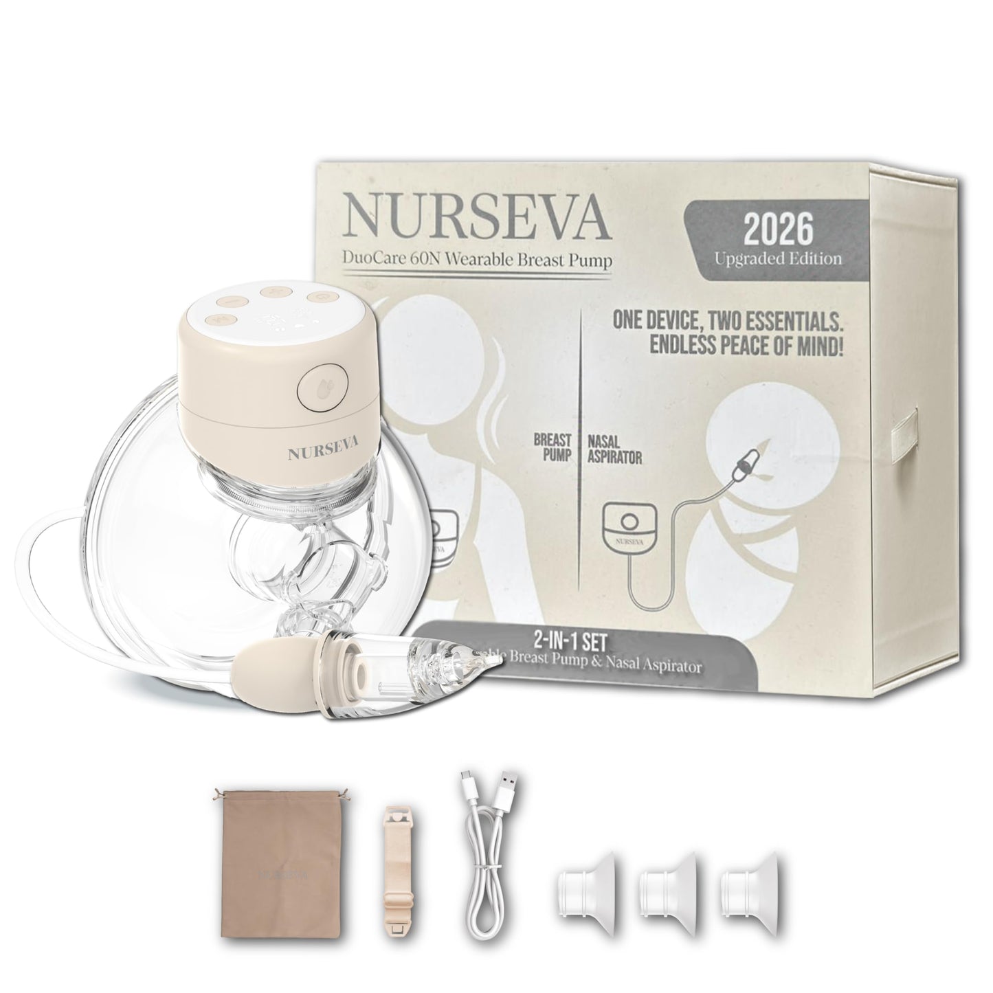 DuoCare 60N Hands-Free Breast Pump and Nasal Aspirator Kit - 2026 Upgraded Wearable Electric Milk Collector - Portable Wireless Nursing Pump