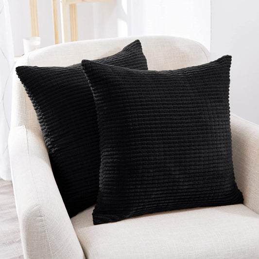Black Corduroy Throw Pillow Covers for Fall, Striped Design - Set of 2 (18x18 Inch)