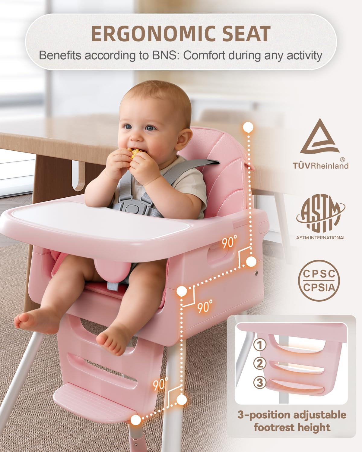 Foldable Baby High Chair with Removable Tray and 5-Point Safety Harness, White with Pink Cushion