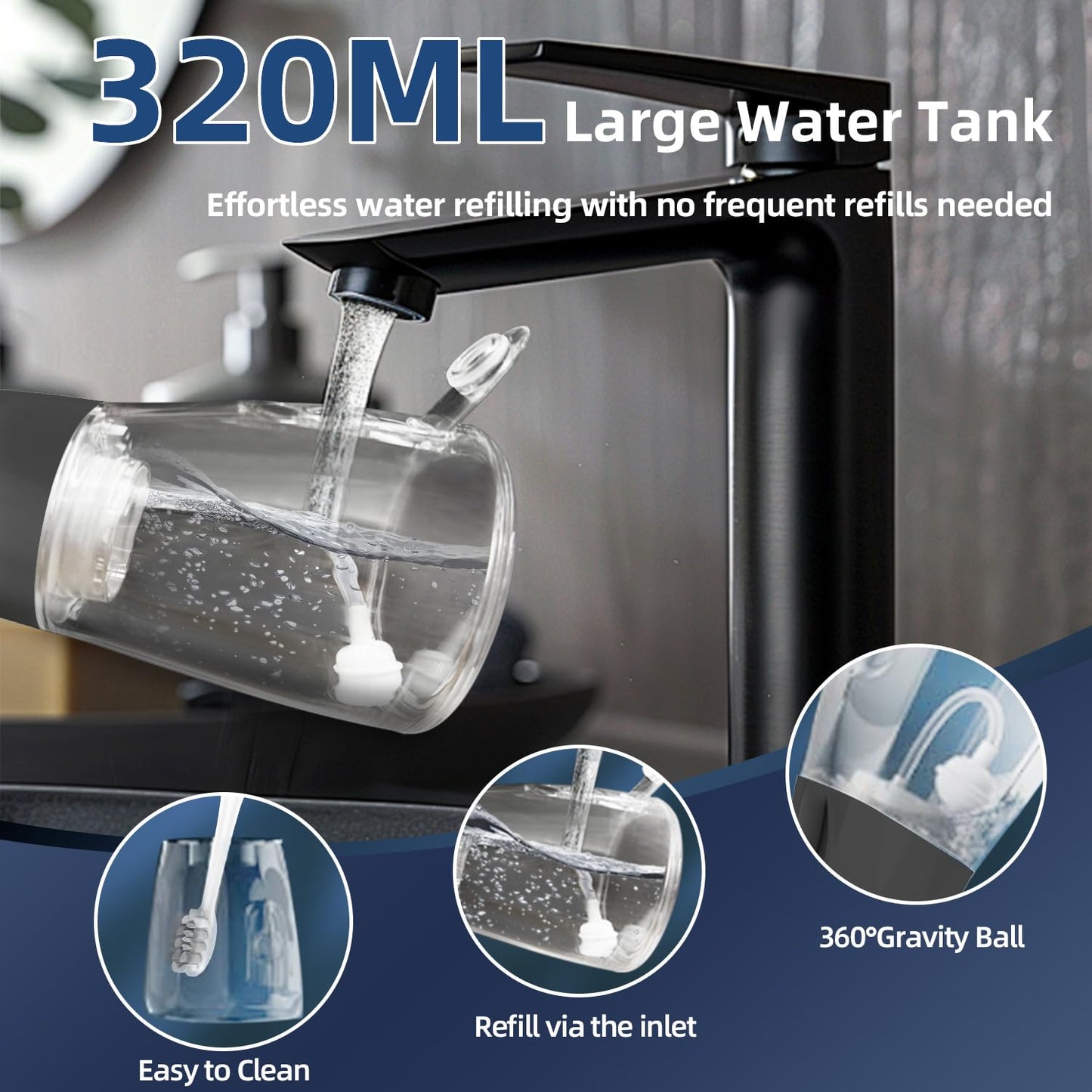 Portable Cordless Water Dental Flosser, 320ML Rechargeable Oral Irrigator, IPX7 Waterproof Teeth Cleaner with 5 Nozzles - Black