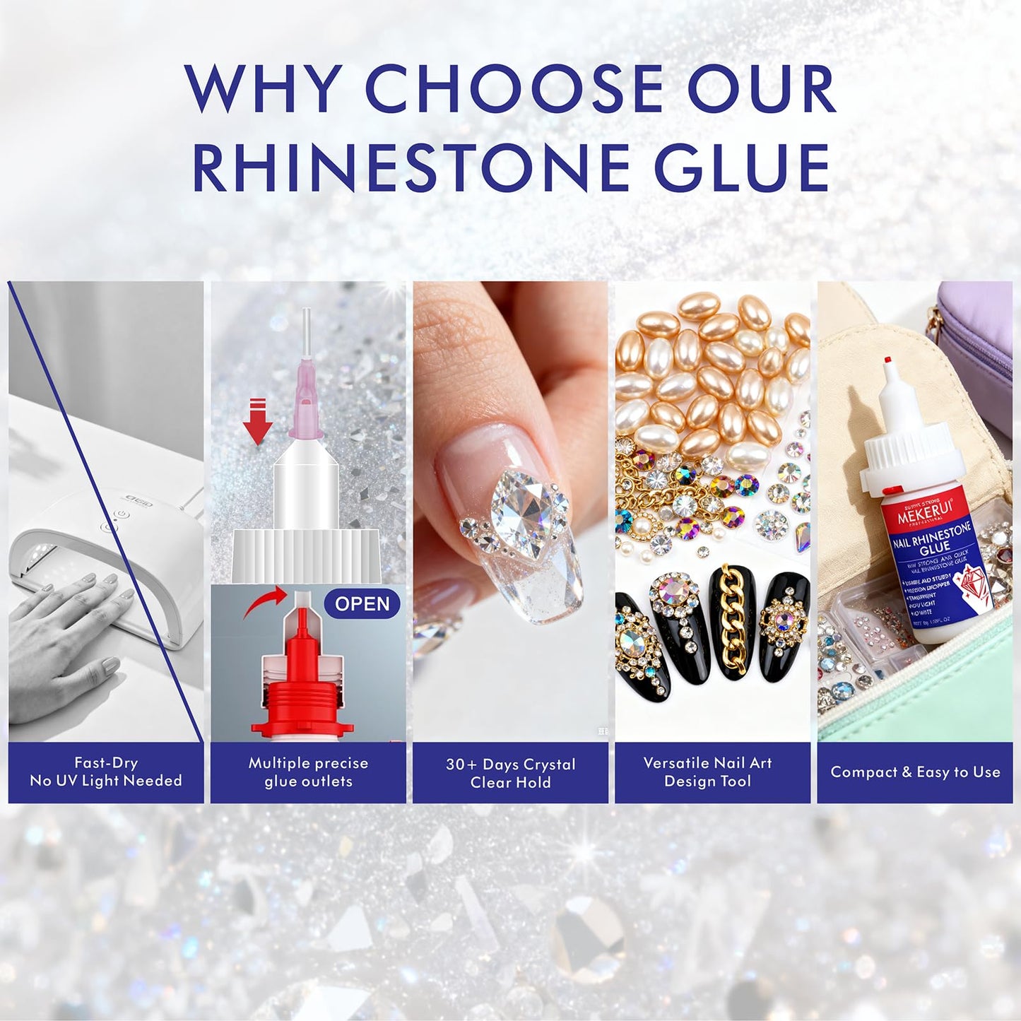 Quick-Dry Nail Rhinestone Glue - No UV Light Needed - Precision Dropper and Needle Tip Clear Adhesive
