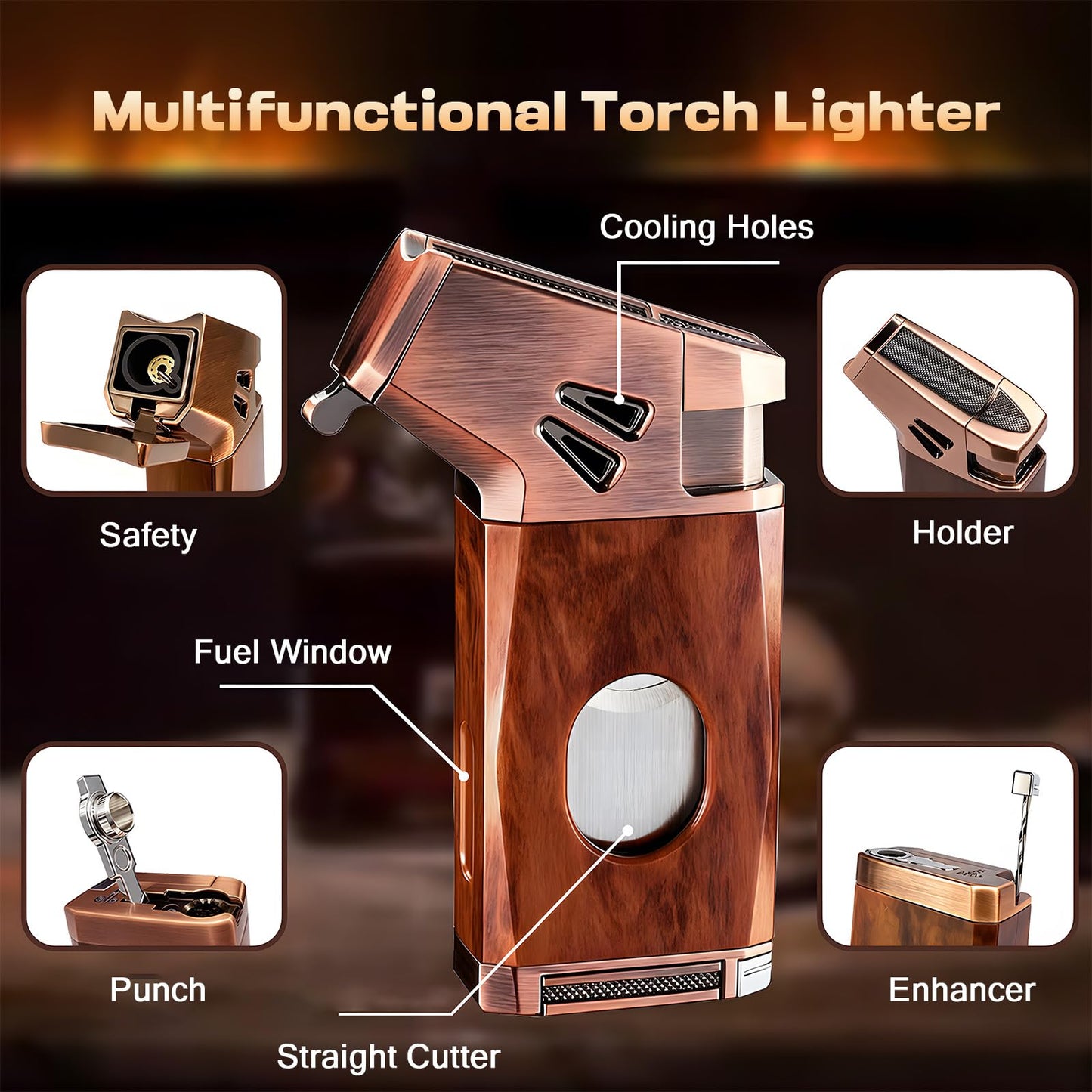 5-in-1 Refillable Butane Torch Lighter with Built-in Cutter, Punch, Holder, and Draw Enhancer - Windproof Jet Flame