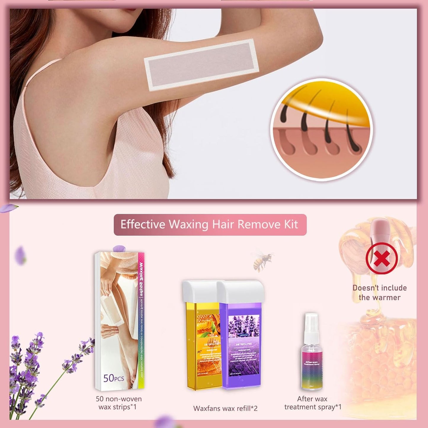 Honey & Lavender Roll On Wax Kit for Body Hair Removal, No Applicator