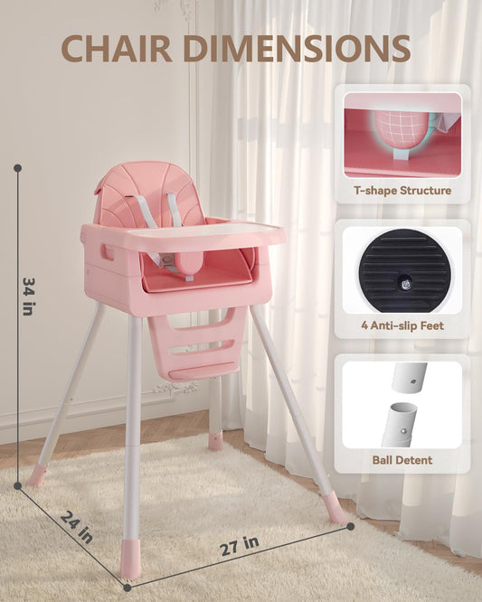 Foldable Baby High Chair with Removable Tray and 5-Point Safety Harness, White with Pink Cushion