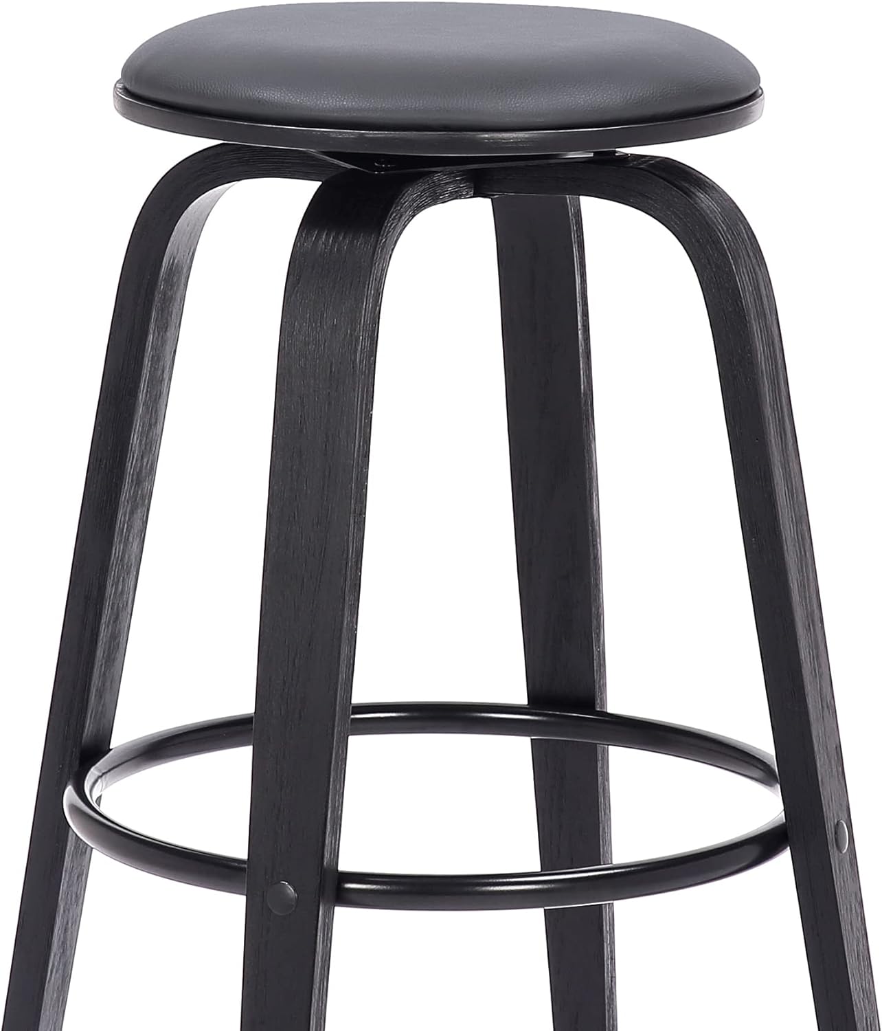 Sleek 30" Bar Height Swivel Stool in Grey Faux Leather & Black Wood - Mid-Century Modern, Backless Design with 360-Degree Swivel