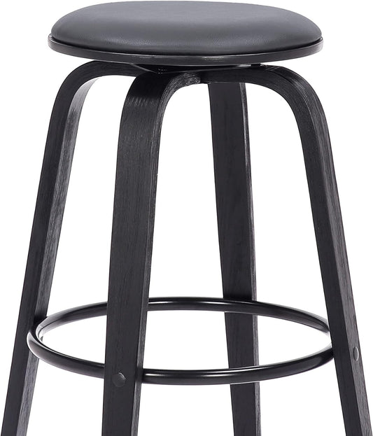 Sleek 30" Bar Height Swivel Stool in Grey Faux Leather & Black Wood - Mid-Century Modern, Backless Design with 360-Degree Swivel