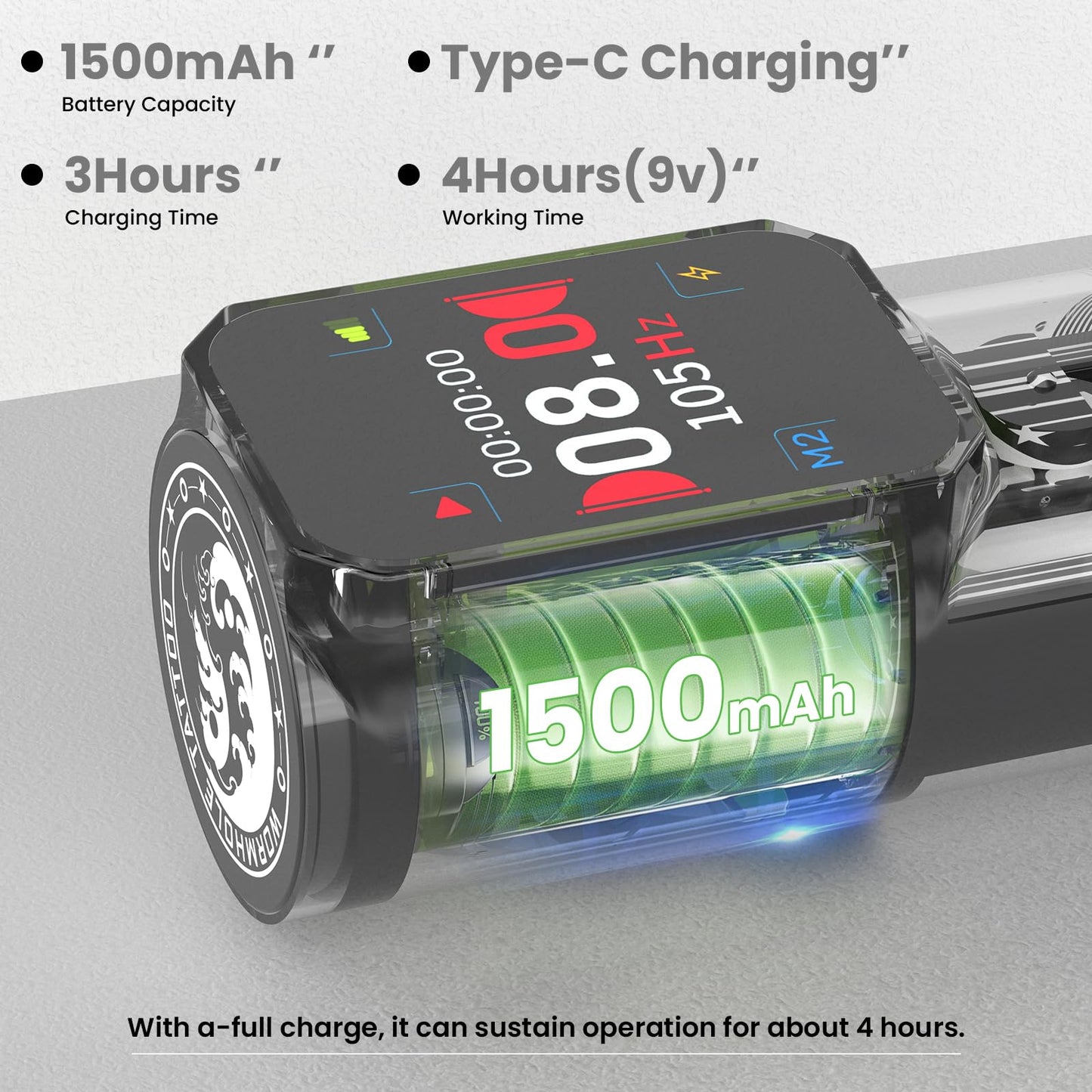 Wireless Tattoo Machine with 1500mAh Battery - Aluminum Alloy Smart Tattoo Pen with Dot Work Mode - Black