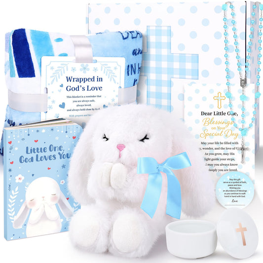 Baptism Gift Basket for Boy - Christening & Dedication Set with Bunny Plush, Rosary, Prayer Book, and Keepsake Blanket