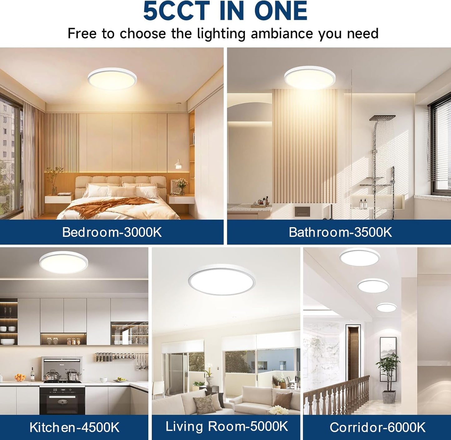 Ultra-Thin 7.5" LED Ceiling Light, 5 Selectable Colors, Super Bright & Easy Install