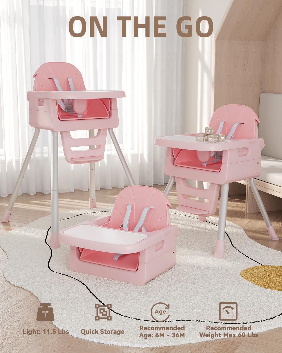 Foldable Baby High Chair with Removable Tray and 5-Point Safety Harness, White with Pink Cushion