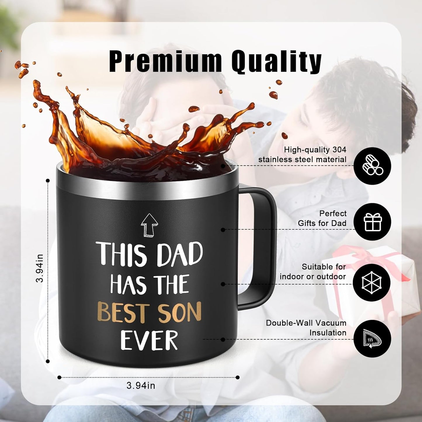 Dad Coffee Mug - Insulated 14 oz Stainless Steel Tumbler with Handle for Father's Day, Birthday, Christmas - Black