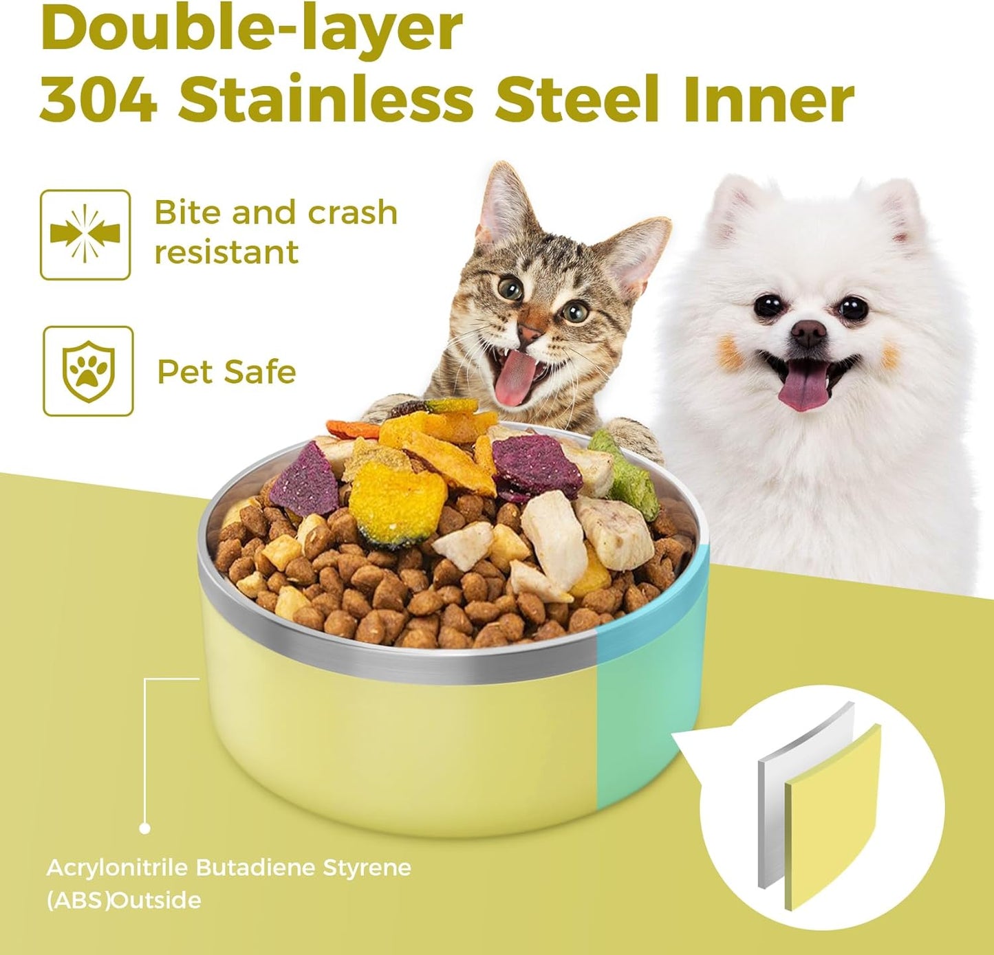 Light Yellow Stainless Steel 64oz Dog Bowls for Large Dogs Non-Slip & Rustproof