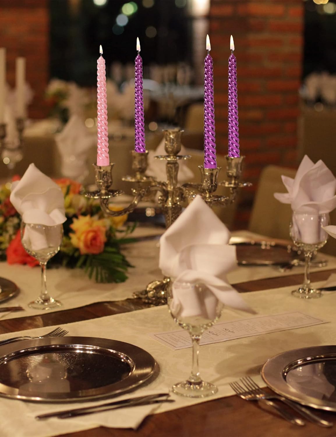 Set of 4 Dripless Taper Candlesticks - 3 Metallic Purple & 1 Pink, 10 Inches, Clean & Smokeless Burn for 9 Hours