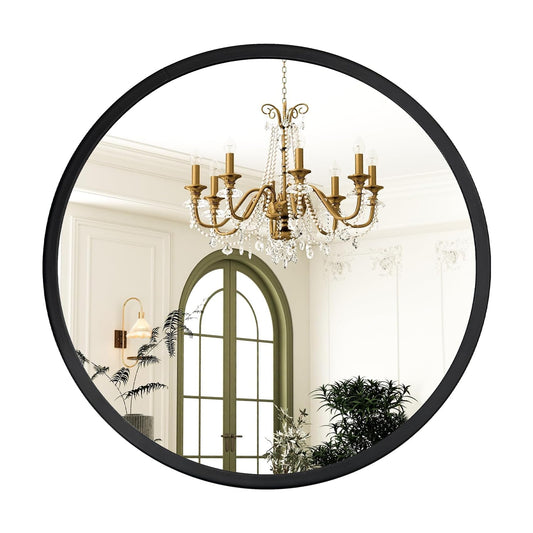 12 in (30 cm) Round Wall Mirror, Matte Black Metal Frame Circle Vanity Mirror, HD 4mm Anti-Distortion Glass, Mounting Hardware Included, Multi-Room Decor