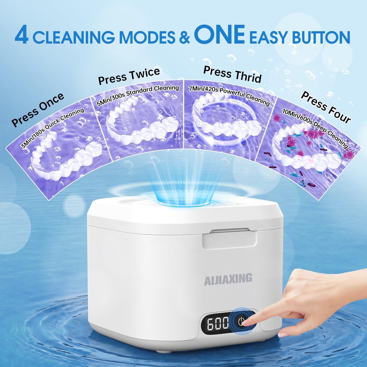 Ultrasonic Retainer Cleaner Machine with UV Light - 49kHz Dental Pod for Dentures, Aligners, Mouth Guards, and Jewelry - 11.5 fl oz (340 mL) Tank
