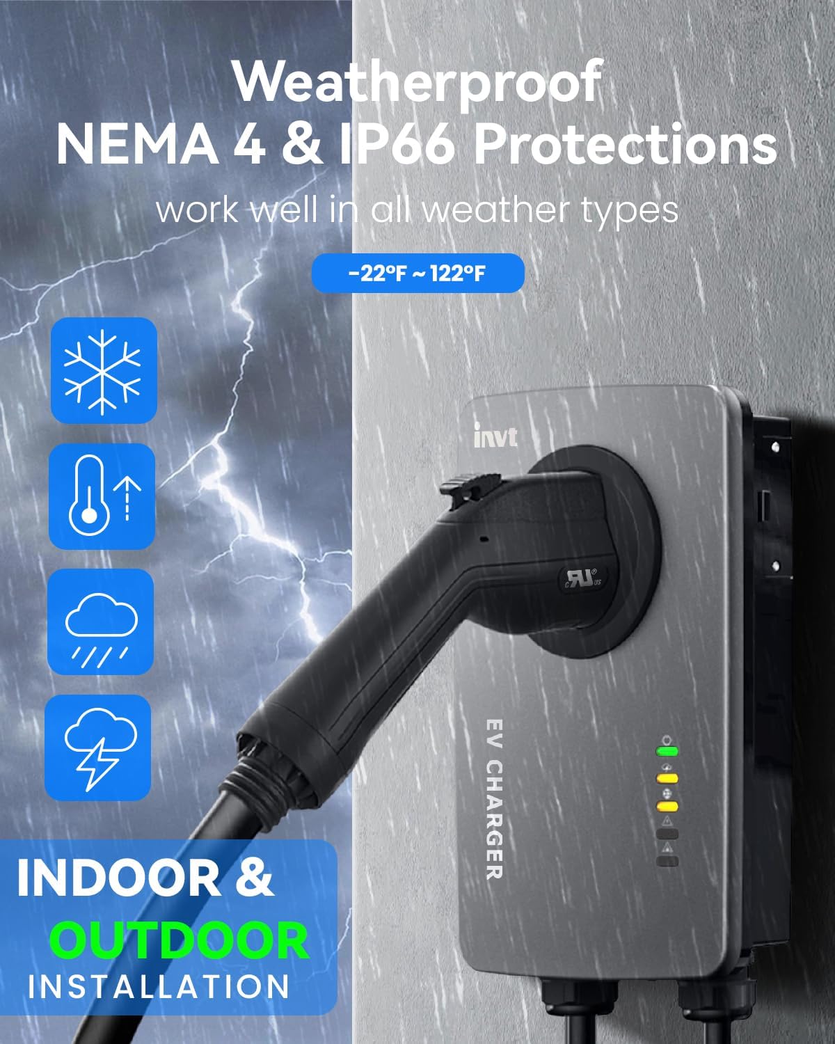 48 Amp Level 2 EV Charger, Wi-Fi Enabled, 24' Cable, Indoor/Outdoor, 240V