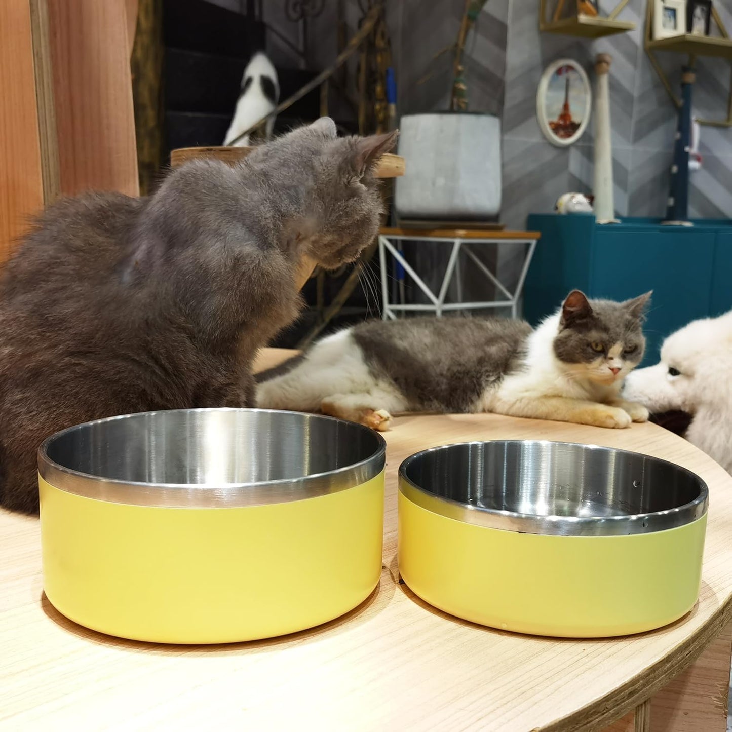 Light Yellow Stainless Steel 64oz Dog Bowls for Large Dogs Non-Slip & Rustproof