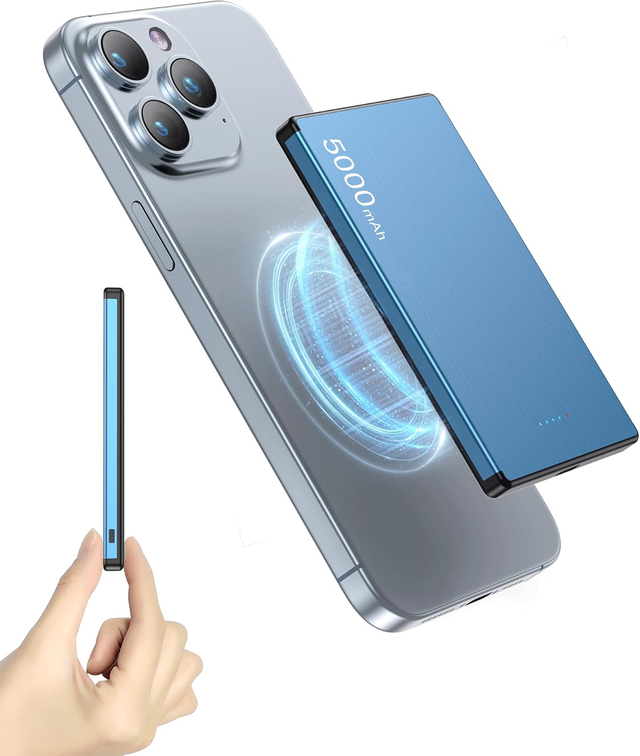 Magnetic Portable Charger 5000mAh, 0.29in Slim, 20W PD USB-C Two-Way, 7.5W/15W Wireless, Model AKD-YD52, Compatible with Phone 17/16/15/14/13 Series (Blue)