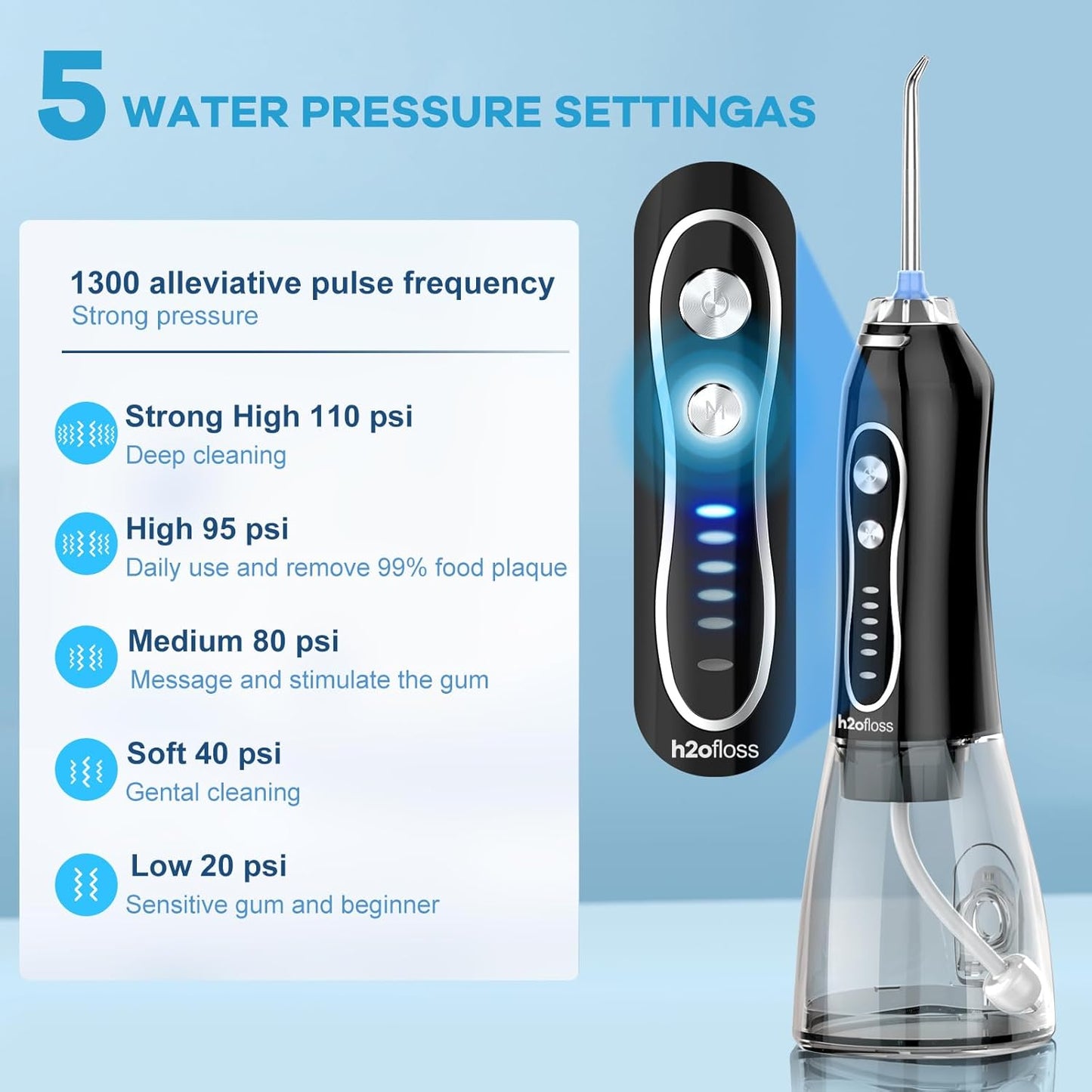 Portable Water Dental Flosser with 5 Modes - Cordless, Rechargeable, Waterproof, 300ml Tank for Home & Travel