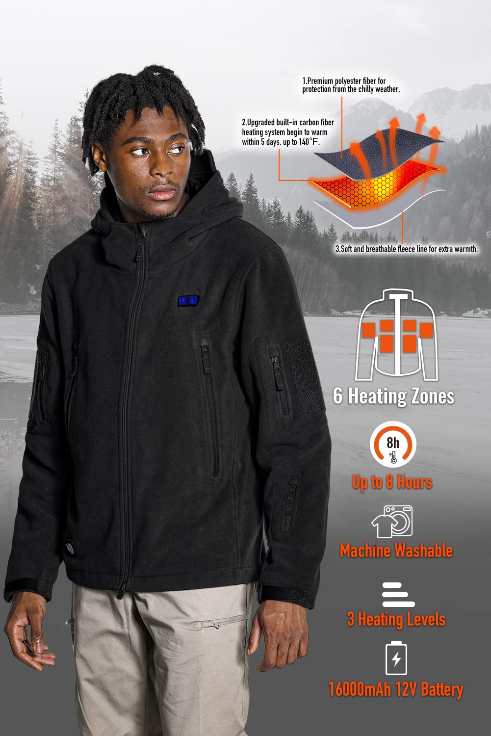 Heated Jacket with 12V 16000mAh Battery Pack - Polar Fleece Winter Hooded Coat for Men and Women