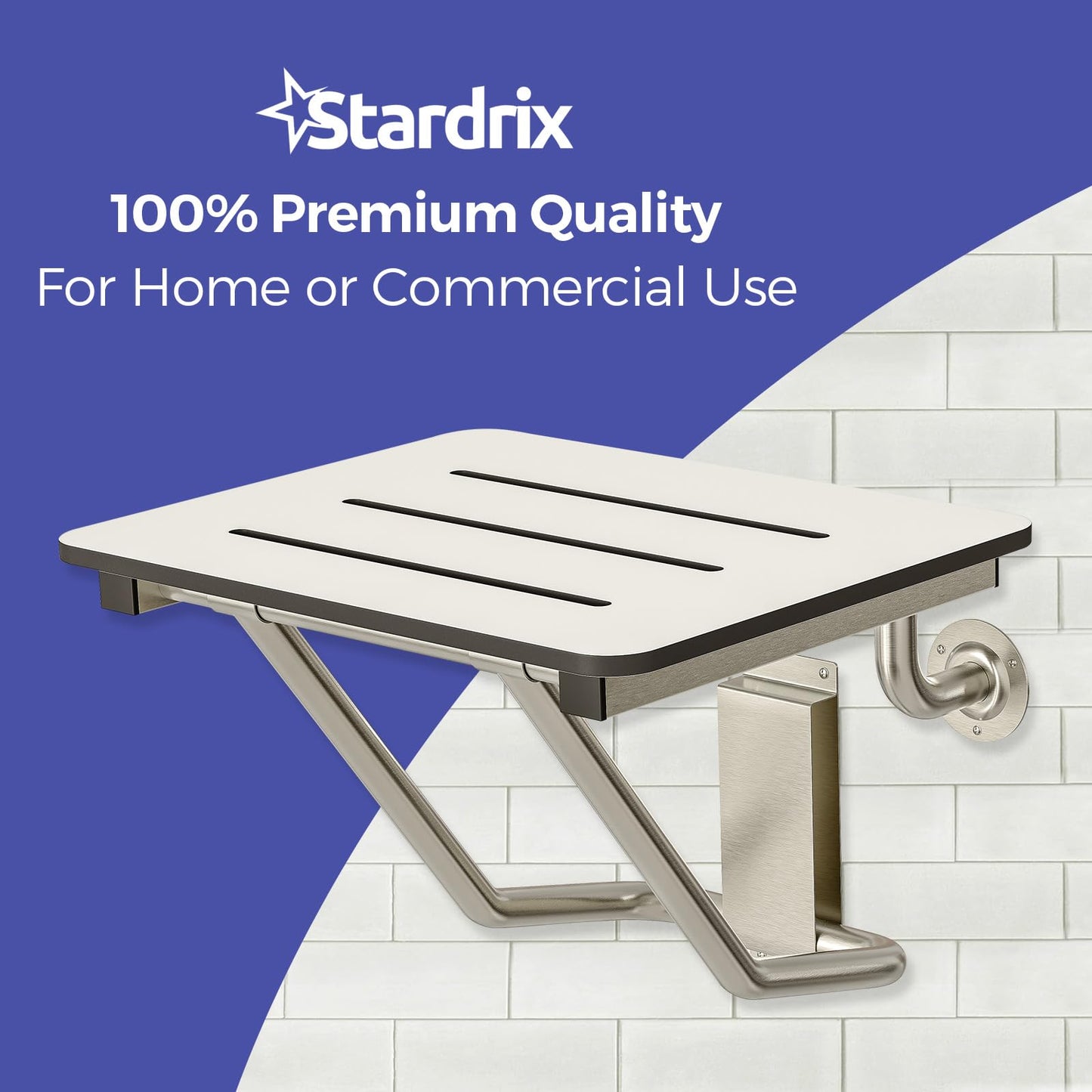 ADA Compliant White Folding Shower Seat Bench, 18 x 16 Inch Wall Mount Phenolic Bathroom Chair, 400 lb Capacity