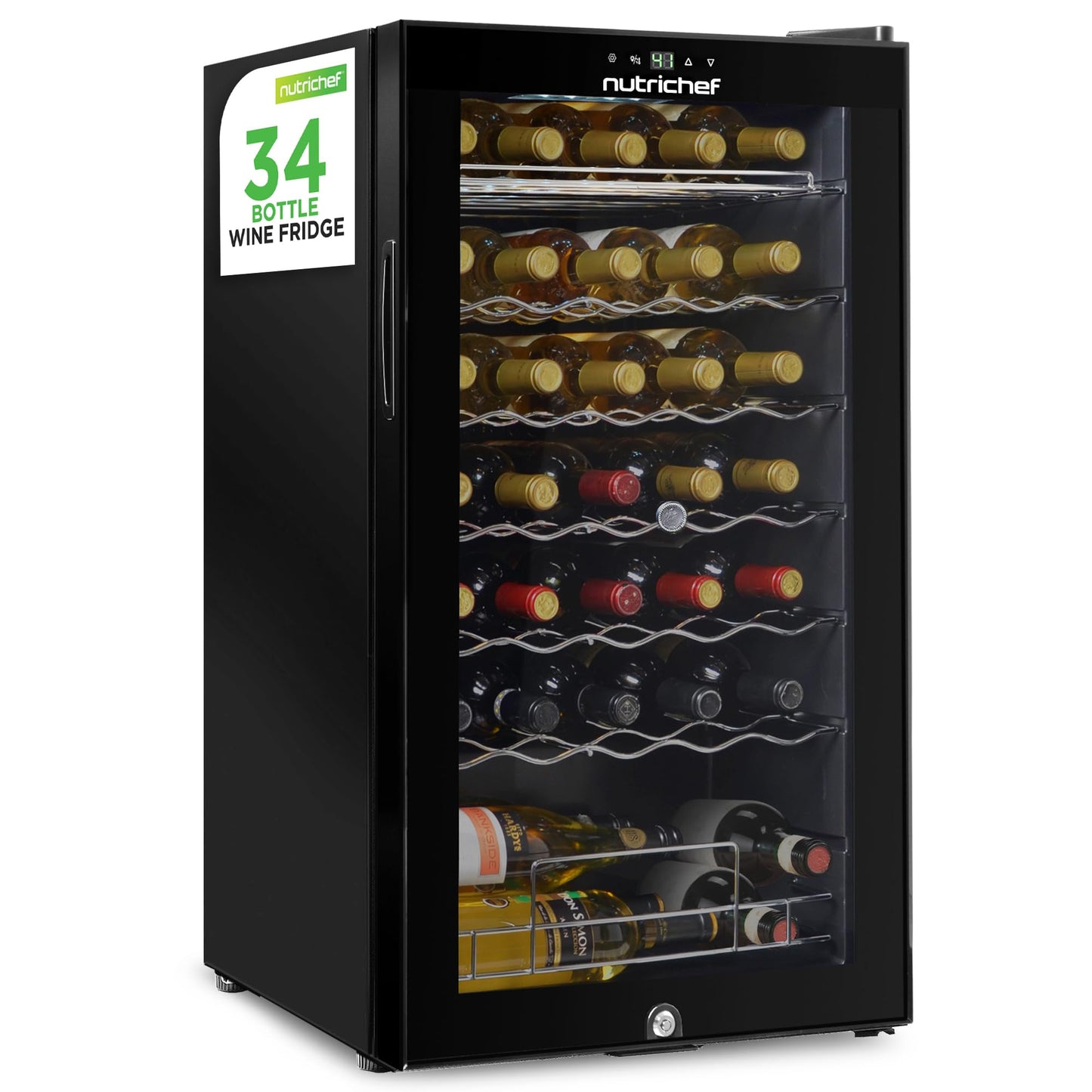 34-Bottle Wine Fridge Single Zone Wine Chiller for Red and White Wine - Black