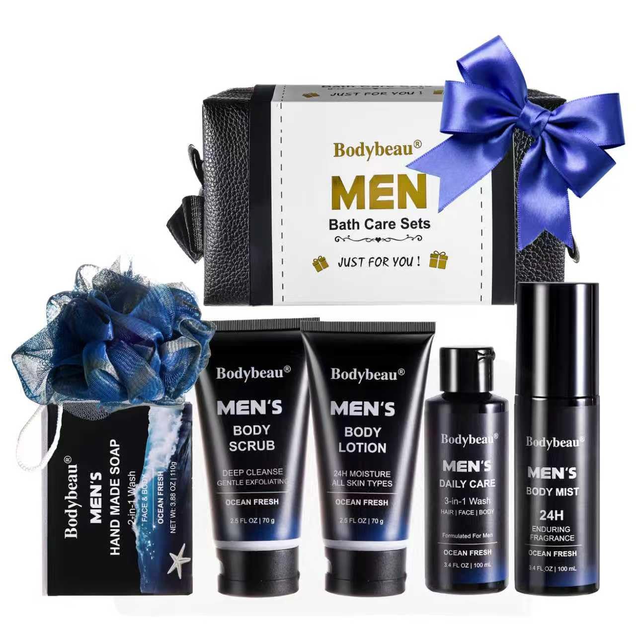Men's 7-Piece Bath and Body Spa Gift Set with Travel Bag - Ocean Fresh Scent