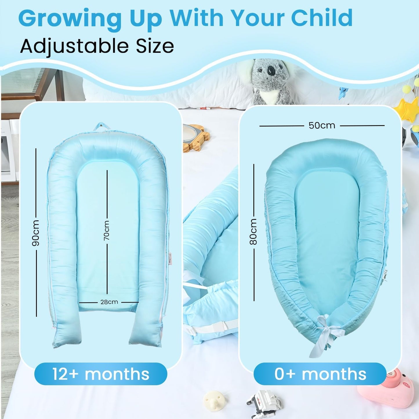 Baby Lounger Nest Pillow for 0-24 Months, Portable Foldable Baby Lounger with Soft Foam Mat, Removable Washable Cover, Blue