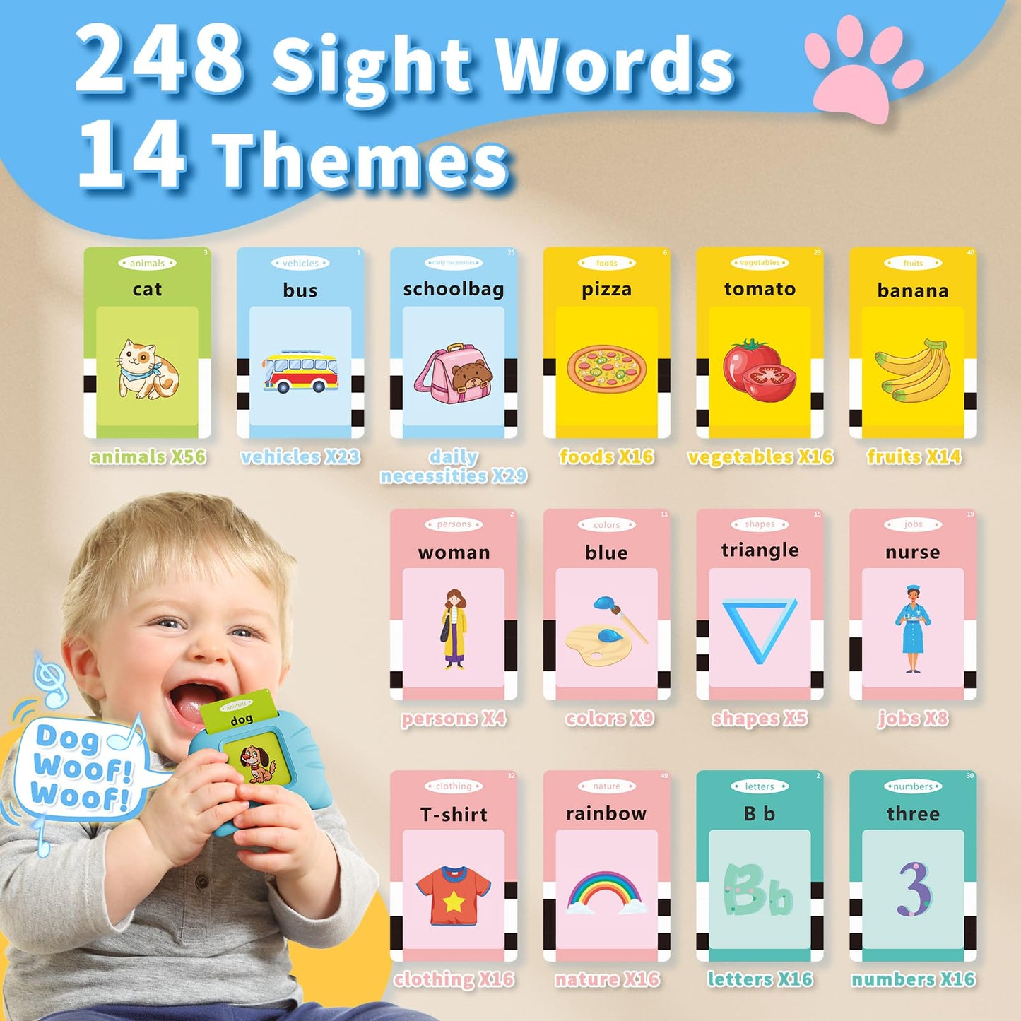 Toddler Talking Flash Cards Cat Reader, 248 Sight Words, Montessori Learning Toy, Animal & Vehicle Sounds, Rechargeable, Ages 1-6
