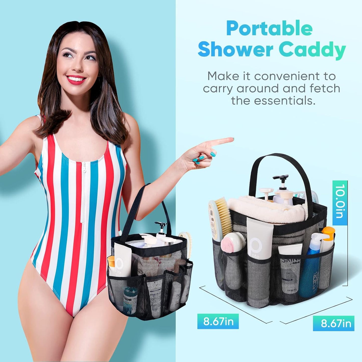 Durable Mesh Shower Caddy with 8 Pockets, Quick Dry - Perfect for College, Beach, Gym, and Travel