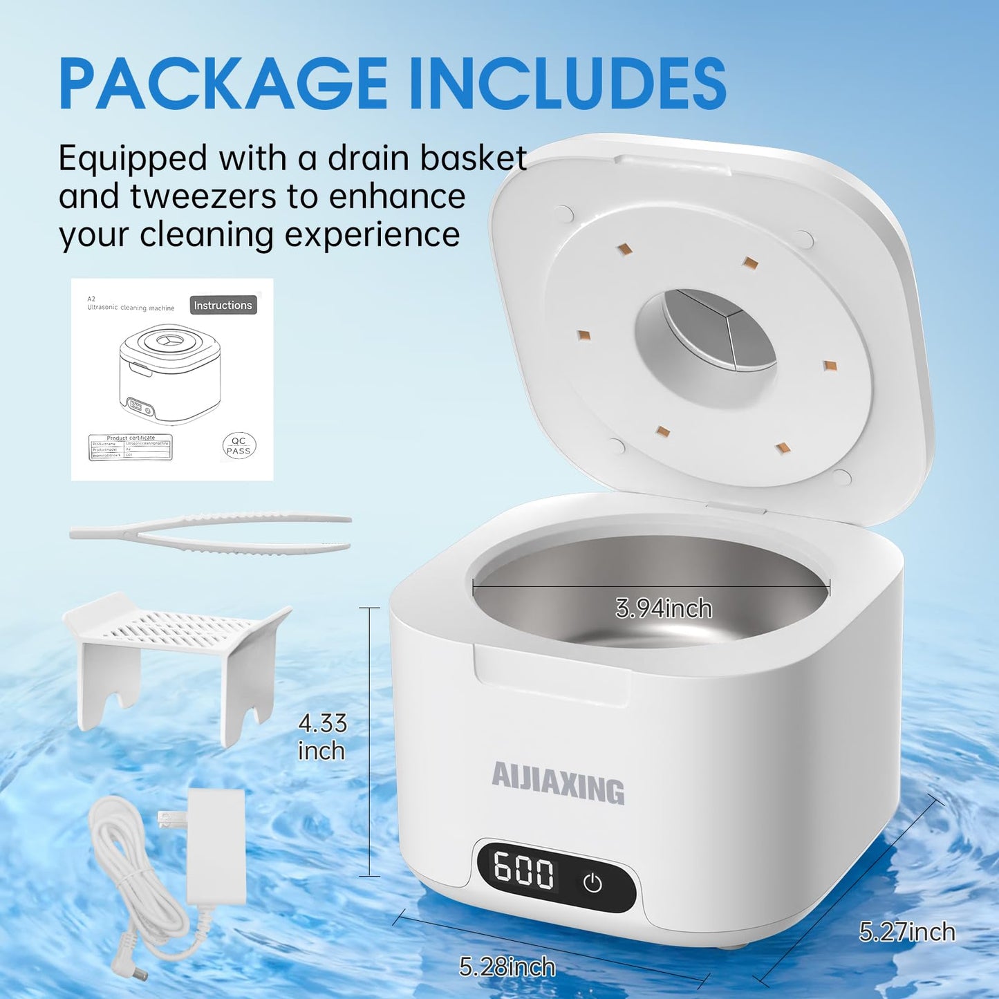 Ultrasonic Retainer Cleaner Machine with UV Light - 49kHz Dental Pod for Dentures, Aligners, Mouth Guards, and Jewelry - 11.5 fl oz (340 mL) Tank