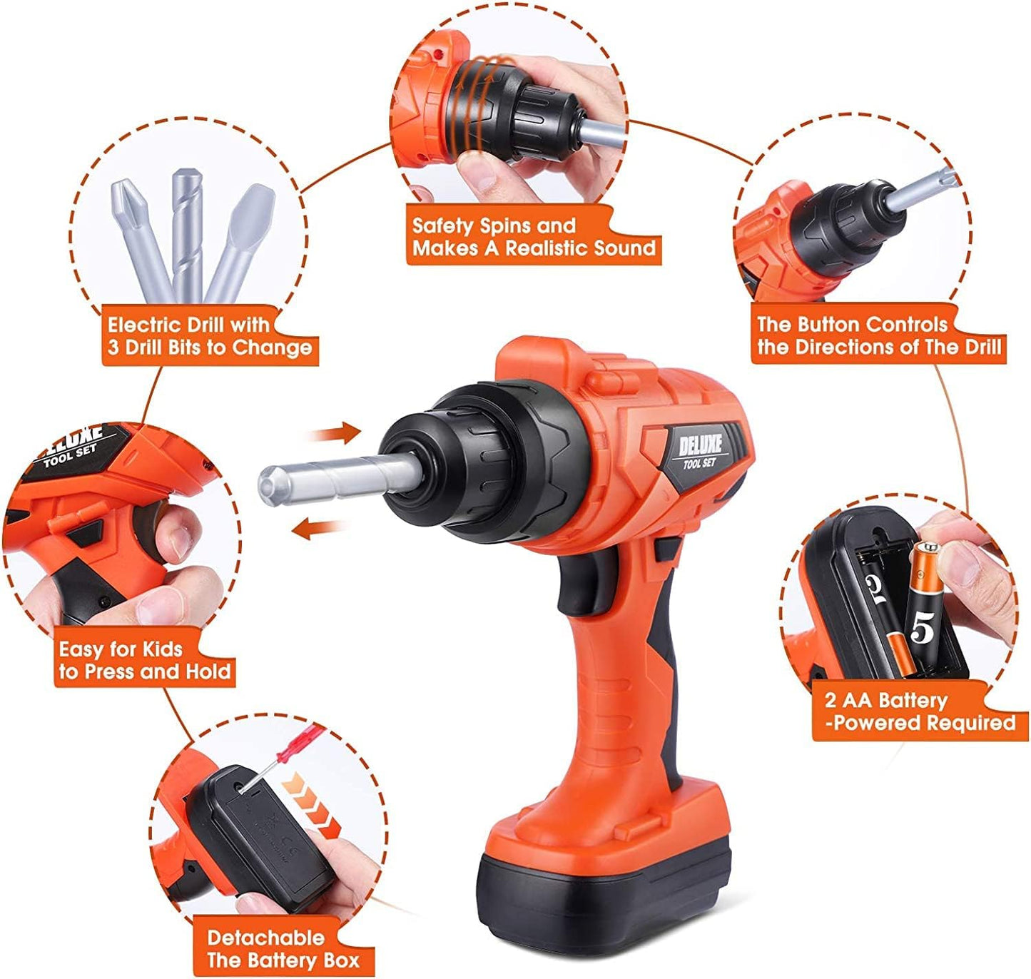 Kids 32-Piece Tool Set with Tool Box, Electronic Toy Drill & Tool Belt (19–28 in / 48–71 cm) – Pretend Construction Playset for Ages 3–7