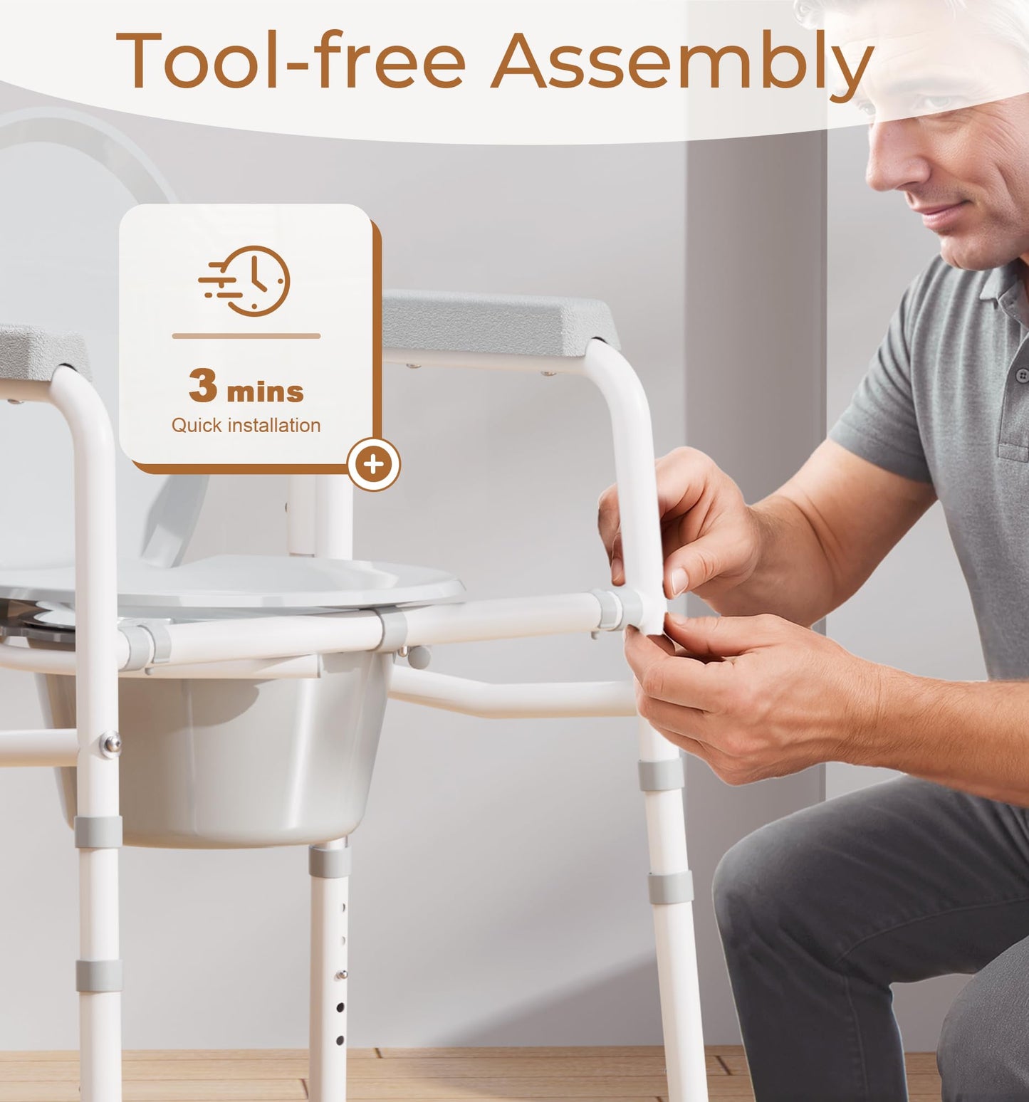 3-in-1 Bedside Commode Chair, Raised Toilet Seat & Safety Frame, Dual-Crossbar Support, 350 lb (159 kg) Capacity, 7.5 qt (7.1 L) Bucket, White