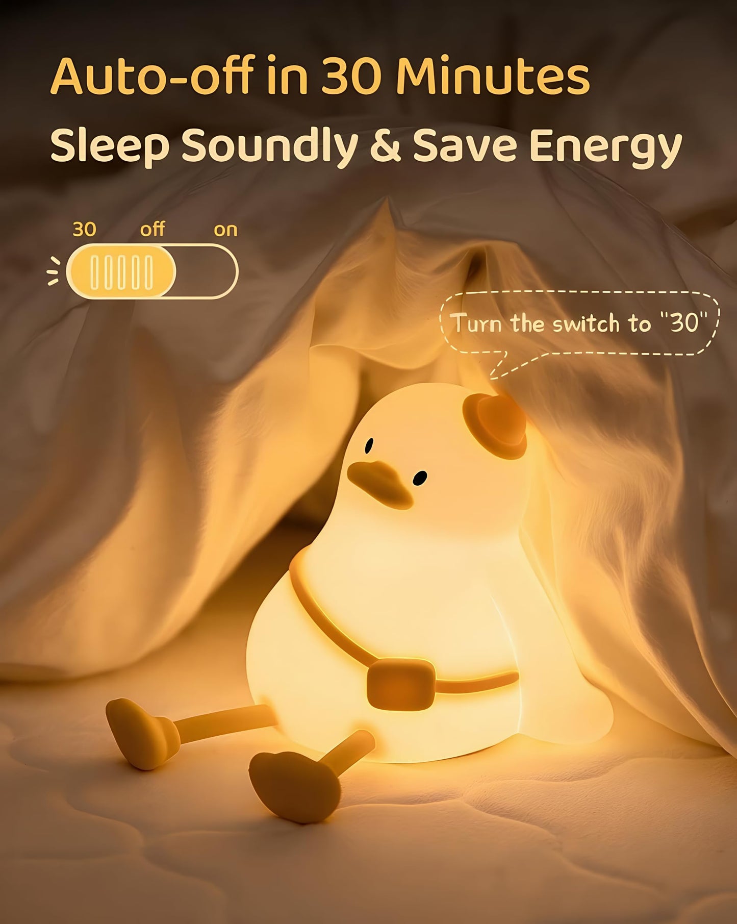 Duck Night Light for Kids, Rechargeable Silicone Squishy Lamp with Touch Control and 30-Minute Timer, Portable Dimmable Nursery Light