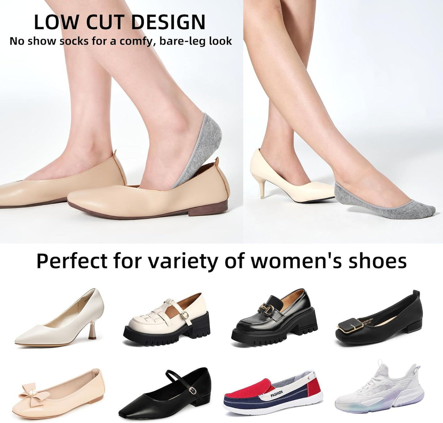 8 Pairs Women's No Show Socks - Ultra Low Cut, Non-Slip Silicone Grip, Invisible Liner for Flats and Boat Shoes, US Sizes 9-11, Gray