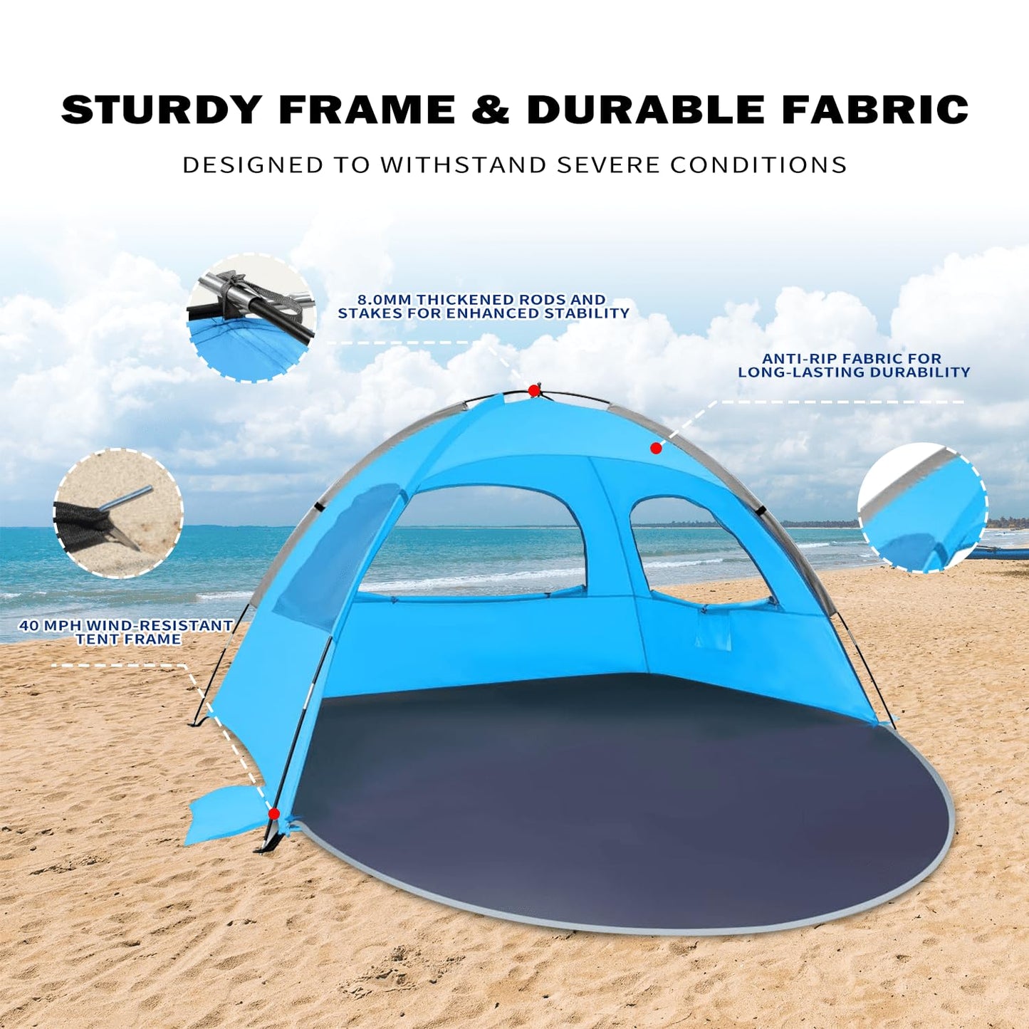 Beach Tent for 3-4 People, UPF50+ Sun Shelter, 3-Way Ventilation Mesh Windows, 8.0mm Fiberglass Poles, Sandbags & Stakes, 83 x 55 x 46 in, Blue