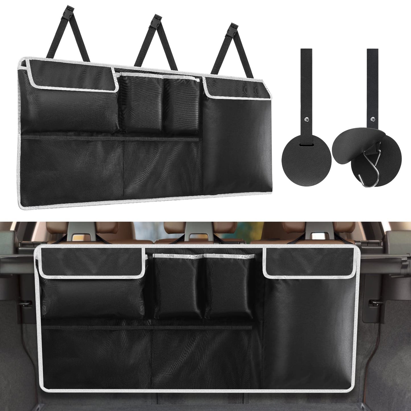 Hanging Car Trunk Organizer for SUV and Truck, 6 Pockets and 2 Hooks, Waterproof 600D Oxford Fabric