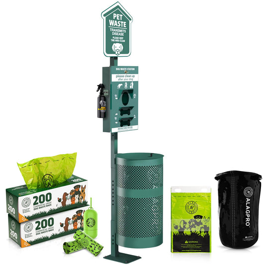 Outdoor Dog Waste Station with Hand Sanitizer Bottle, 11.5 Gallon (43.5 L) Bin, 400 Roll Bags, 200 Pull Bags & 50 Can Liners for Yard, Park & HOA