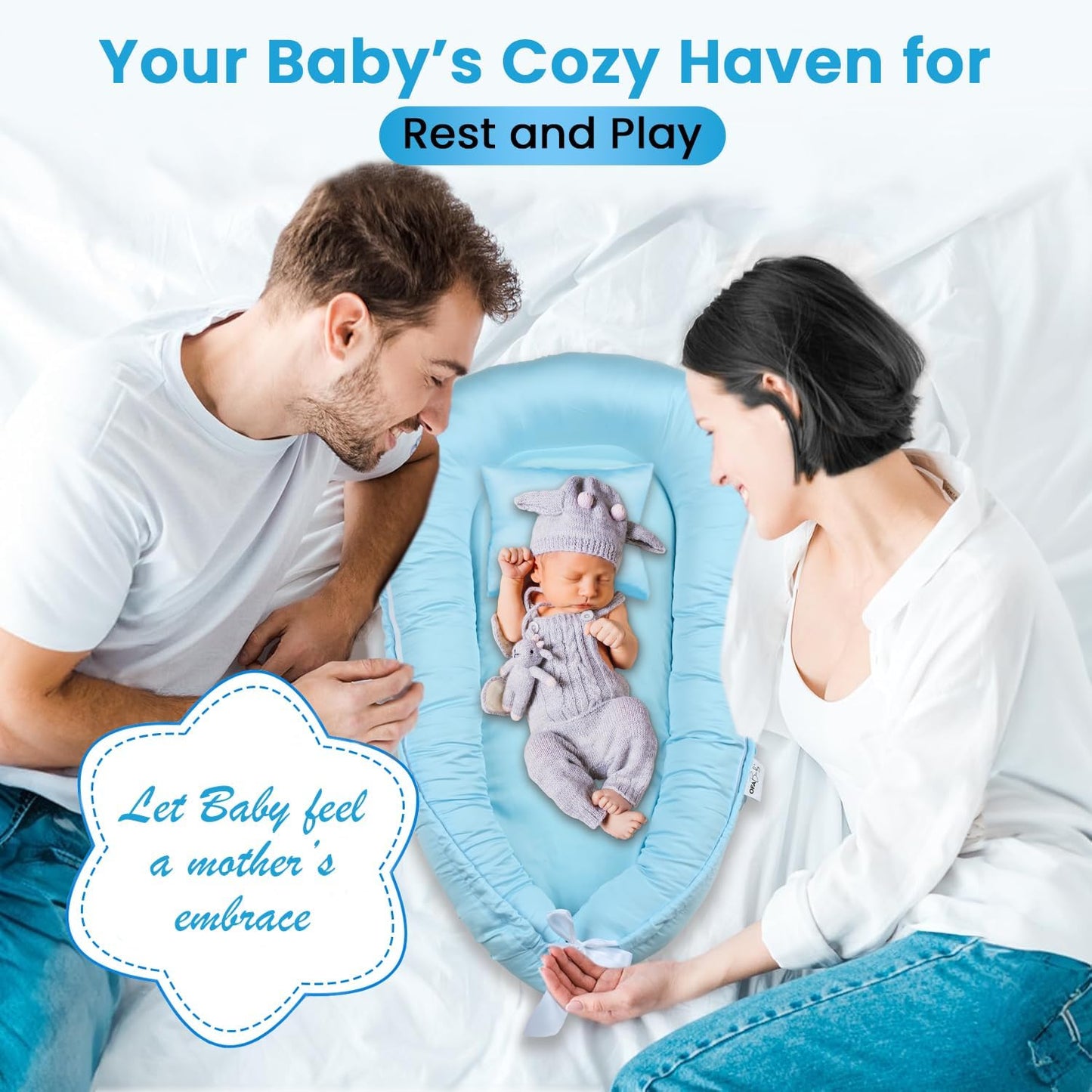 Baby Lounger Nest Pillow for 0-24 Months, Portable Foldable Baby Lounger with Soft Foam Mat, Removable Washable Cover, Blue