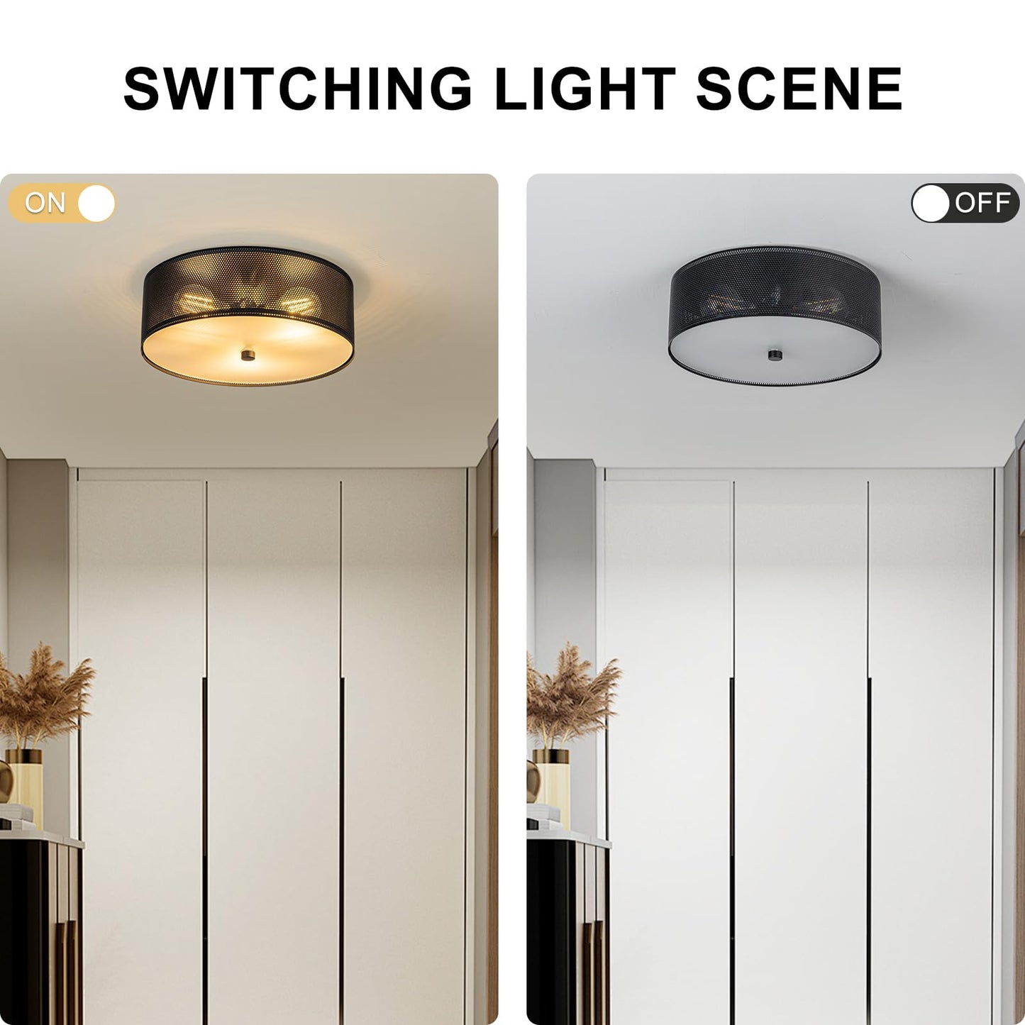 3-Light Industrial Flush Mount Ceiling Light, 12 in Metal Mesh Cage Drum Ceiling Lamp, Black E26 Dimmable Fixture for Kitchen Hallway Bedroom