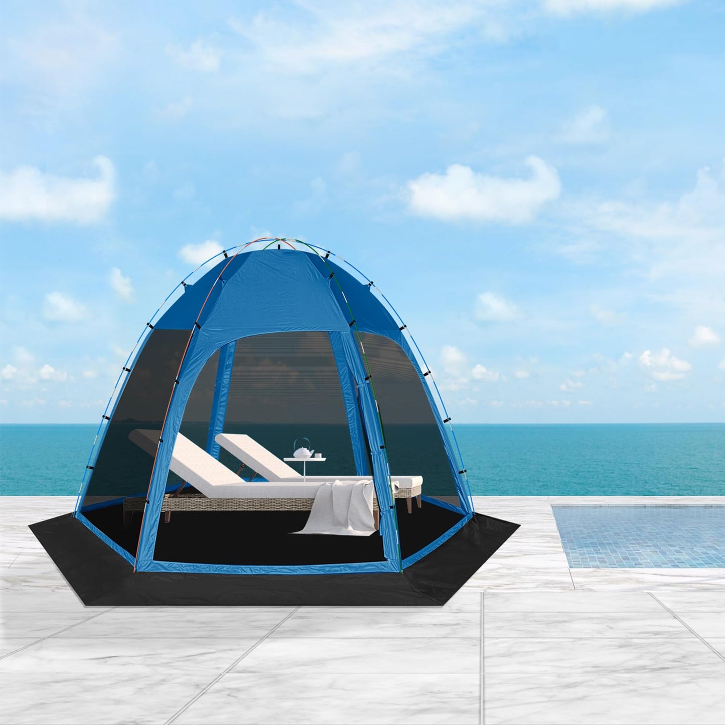 Six-Sided Screen Tent with Removable Floor, 11.8ft x 11.8ft Outdoor Gazebo Canopy with Mosquito Netting, Blue