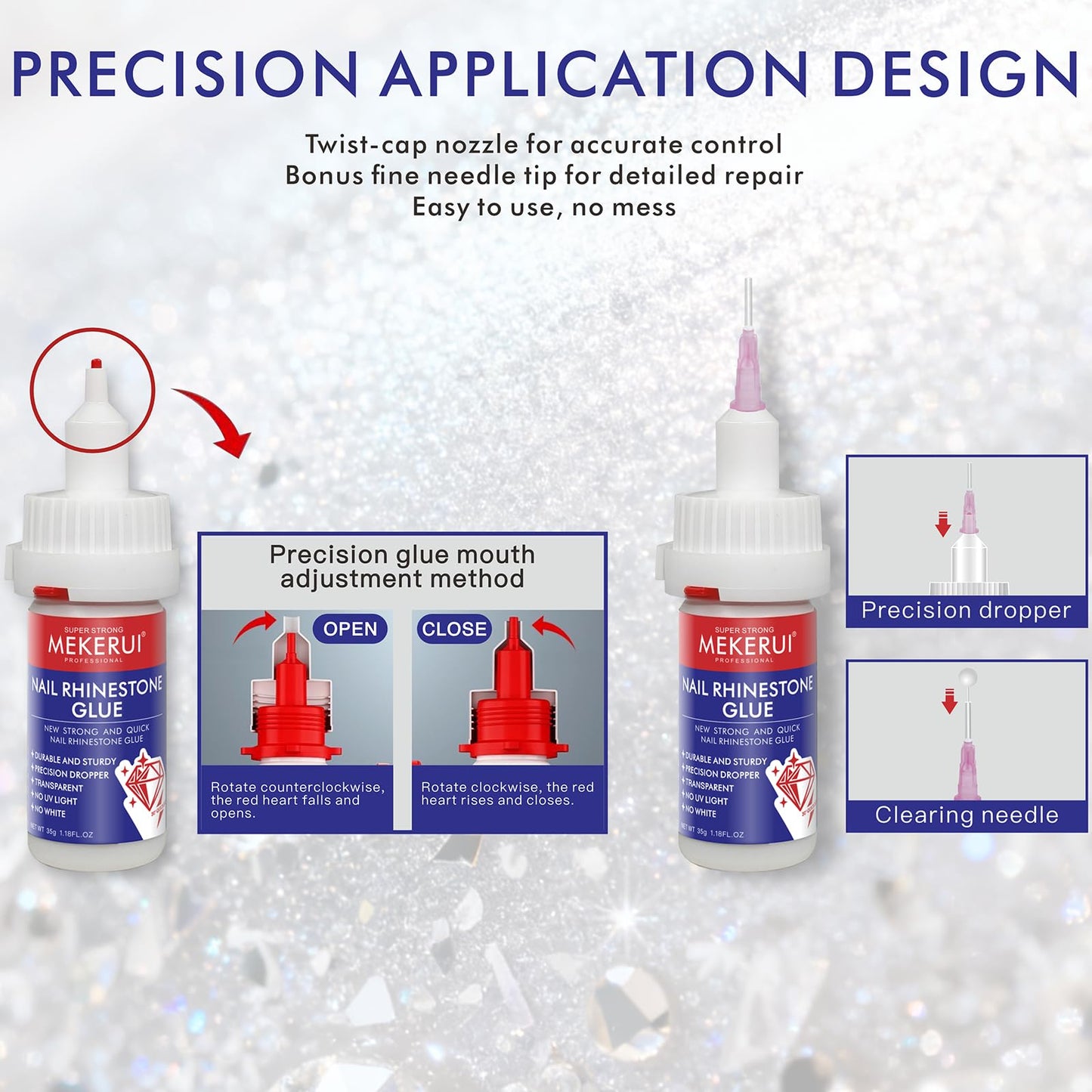 Quick-Dry Nail Rhinestone Glue - No UV Light Needed - Precision Dropper and Needle Tip Clear Adhesive