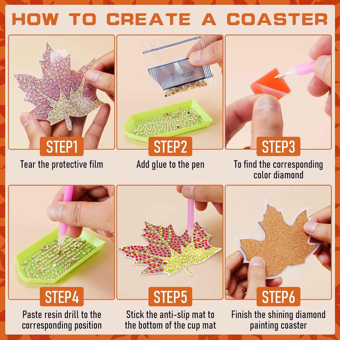 10pcs Maple Leaf DIY Diamond Painting Coaster Kit with Holder