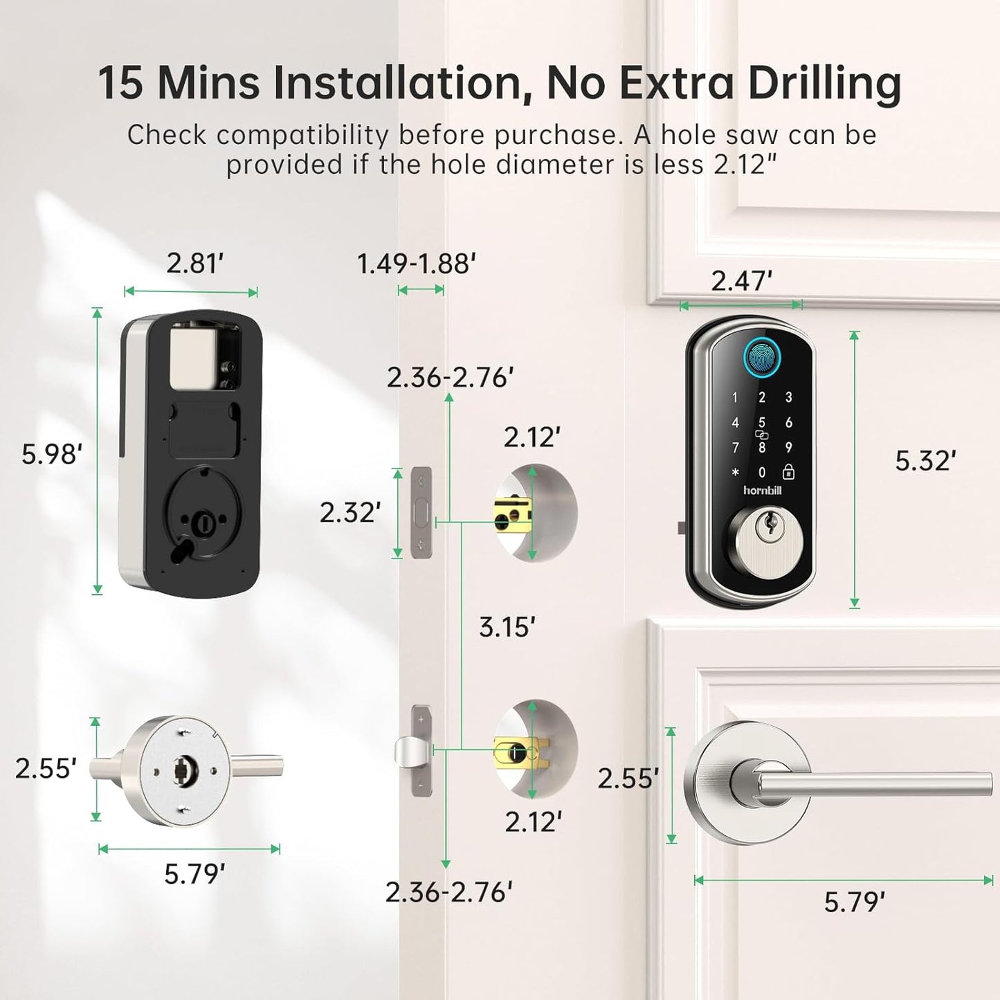 WiFi Smart Door Lock Set – Silver Keyless Entry with Fingerprint, Bluetooth, Alexa, Auto Lock, and Handle for Home & Hotel Security