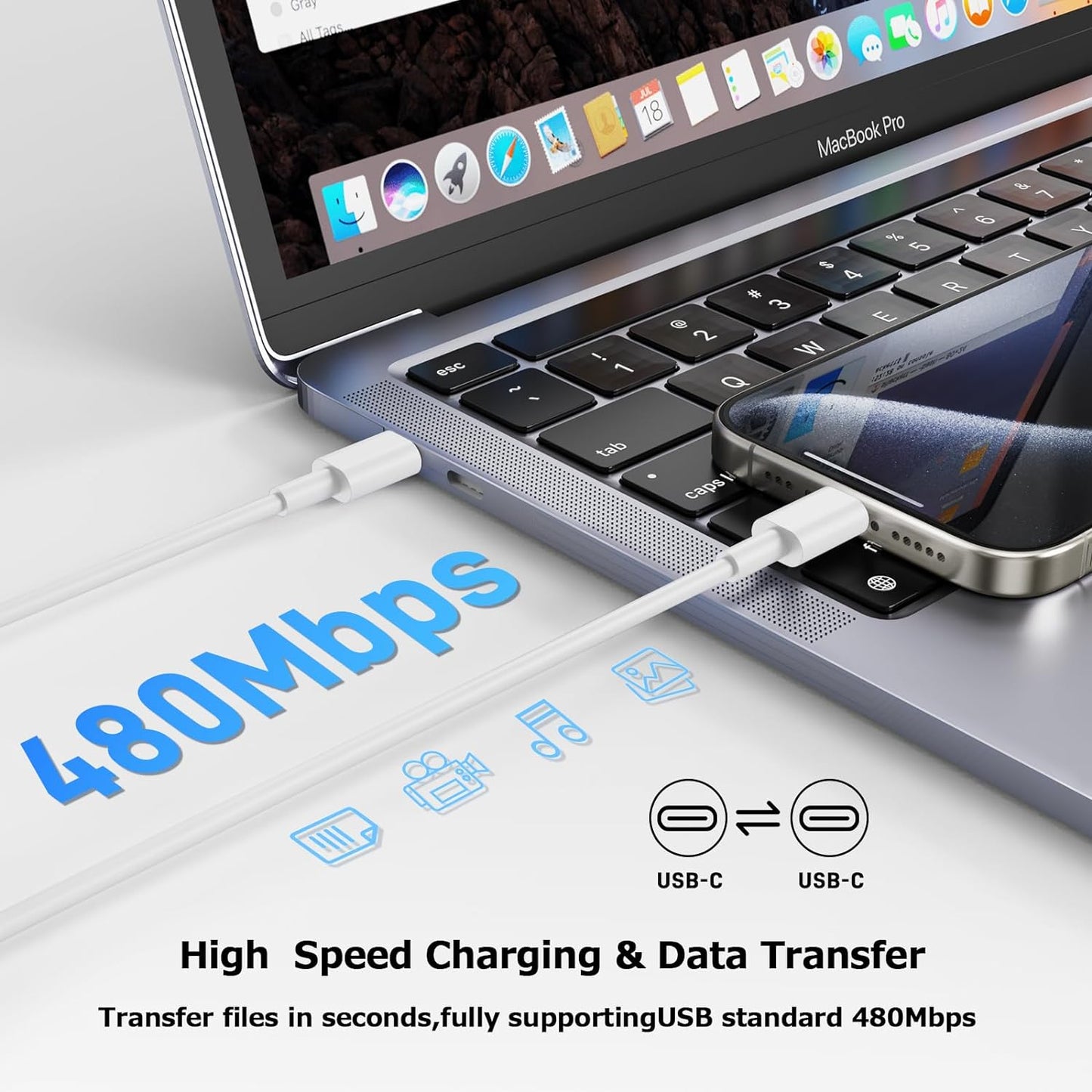 USB-C to USB-C Cable 6ft, 60W Fast Charging 3-Pack for iPhone 15, iPad, MacBook, Galaxy S23