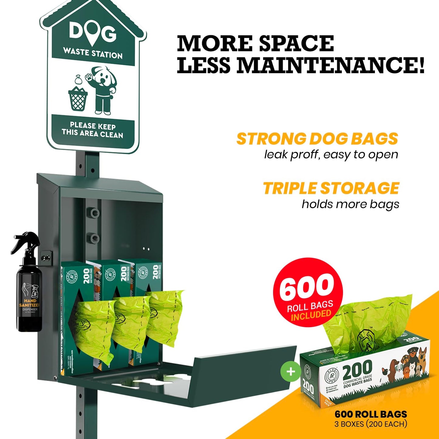 Outdoor Dog Waste Station with Hand Sanitizer, Bag Dispenser, Covered Bin, Sign, 600 Roll Bags, 50 Can Liners for Parks, Yards & HOAs
