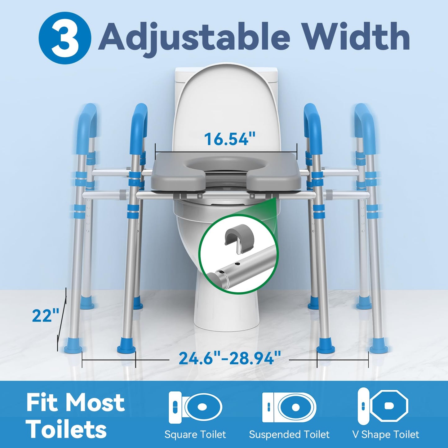 Raised Toilet Seat with Handles and Padded Seat, Adjustable Height and Width Toilet Riser for Seniors, 500lb Capacity