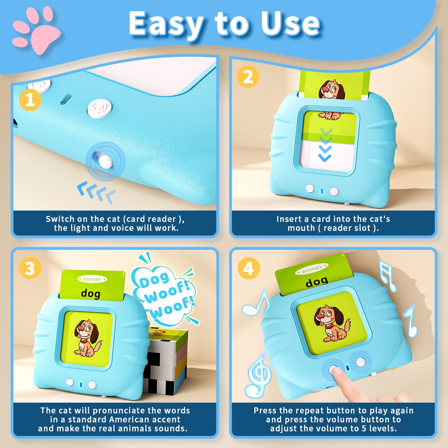 Toddler Talking Flash Cards Cat Reader, 248 Sight Words, Montessori Learning Toy, Animal & Vehicle Sounds, Rechargeable, Ages 1-6